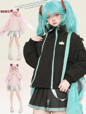 Black/Pink Zips Cat Ears Hood Thick Zip Hoodie