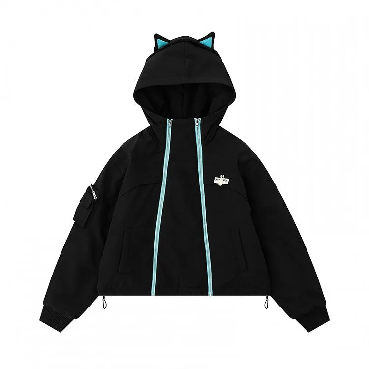 Black/Pink Zips Cat Ears Hood Thick Zip Hoodie