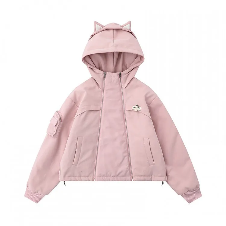 Black/Pink Zips Cat Ears Hood Thick Zip Hoodie