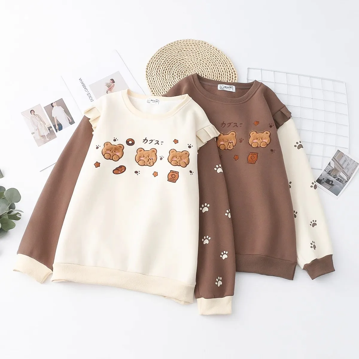 Cartoon Bear Round Neck Thick Hoodie