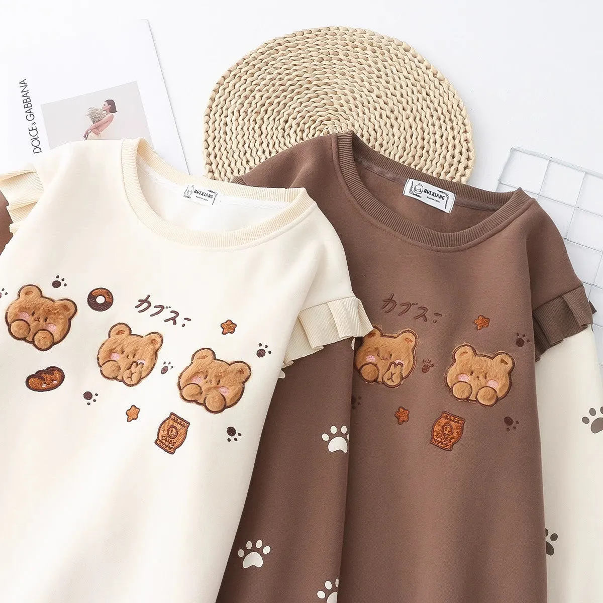 Cartoon Bear Round Neck Thick Hoodie