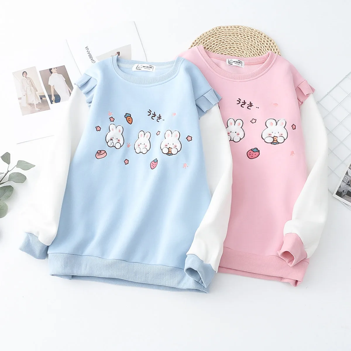 Cartoon Rabbit Round Neck Thick Hoodie