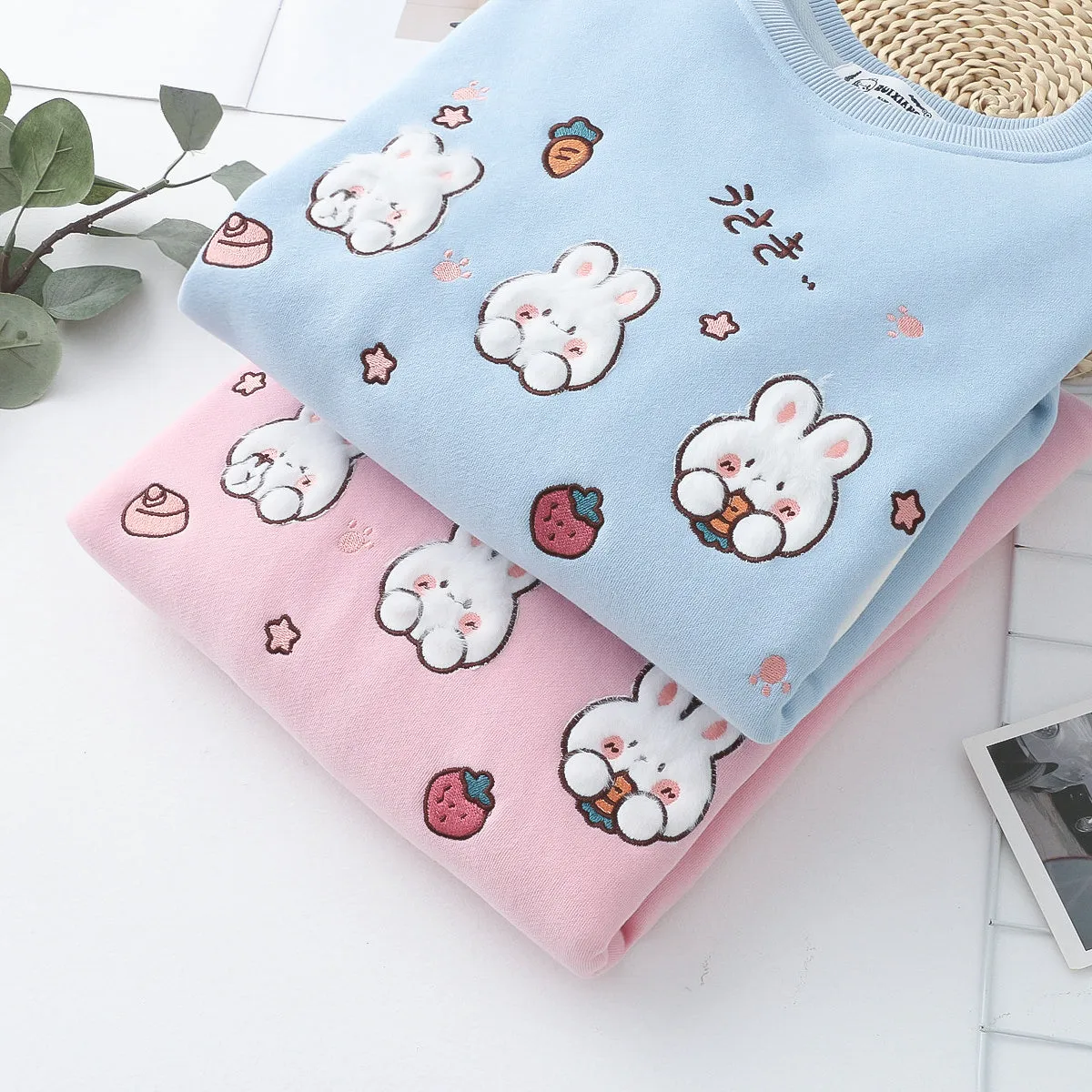 Cartoon Rabbit Round Neck Thick Hoodie