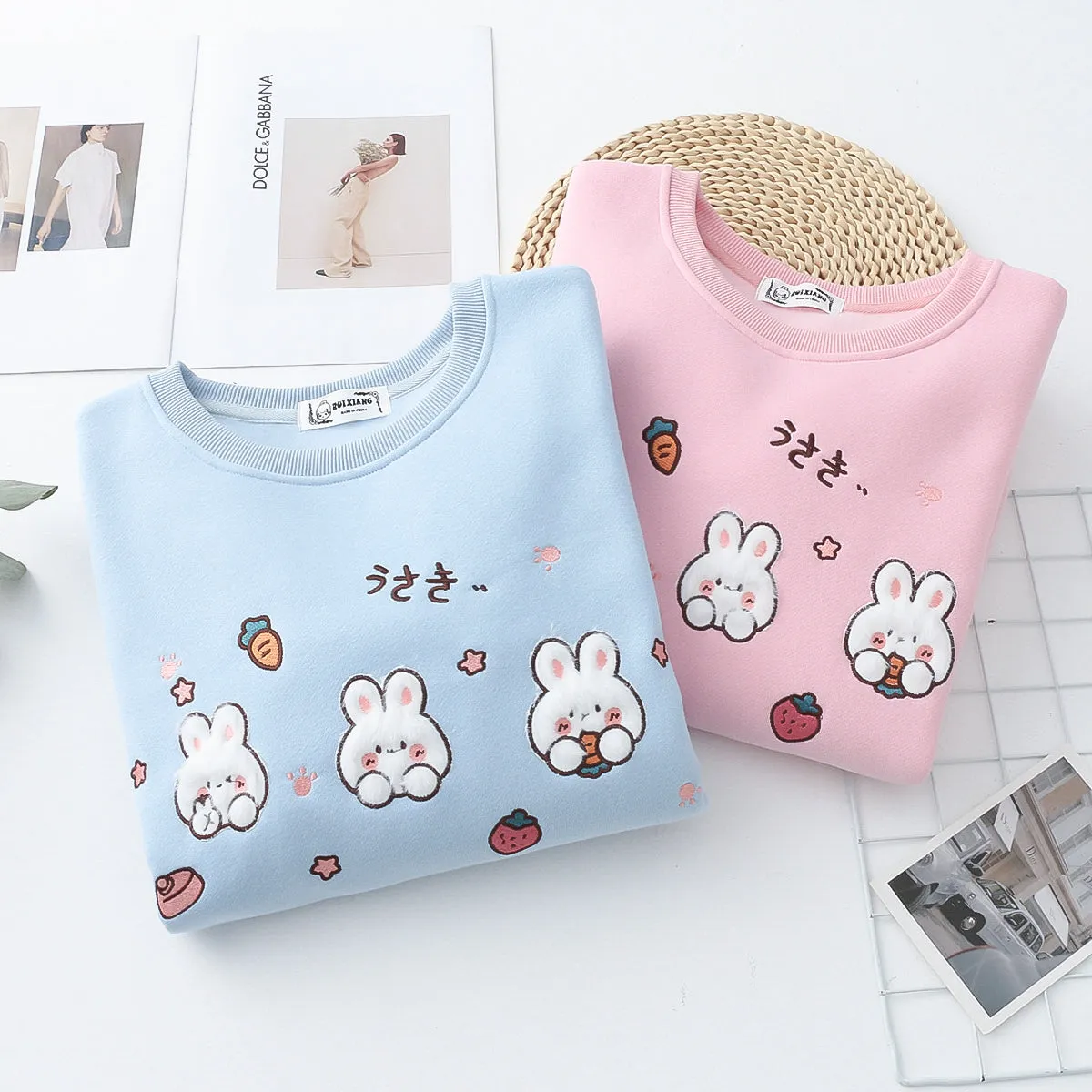 Cartoon Rabbit Round Neck Thick Hoodie