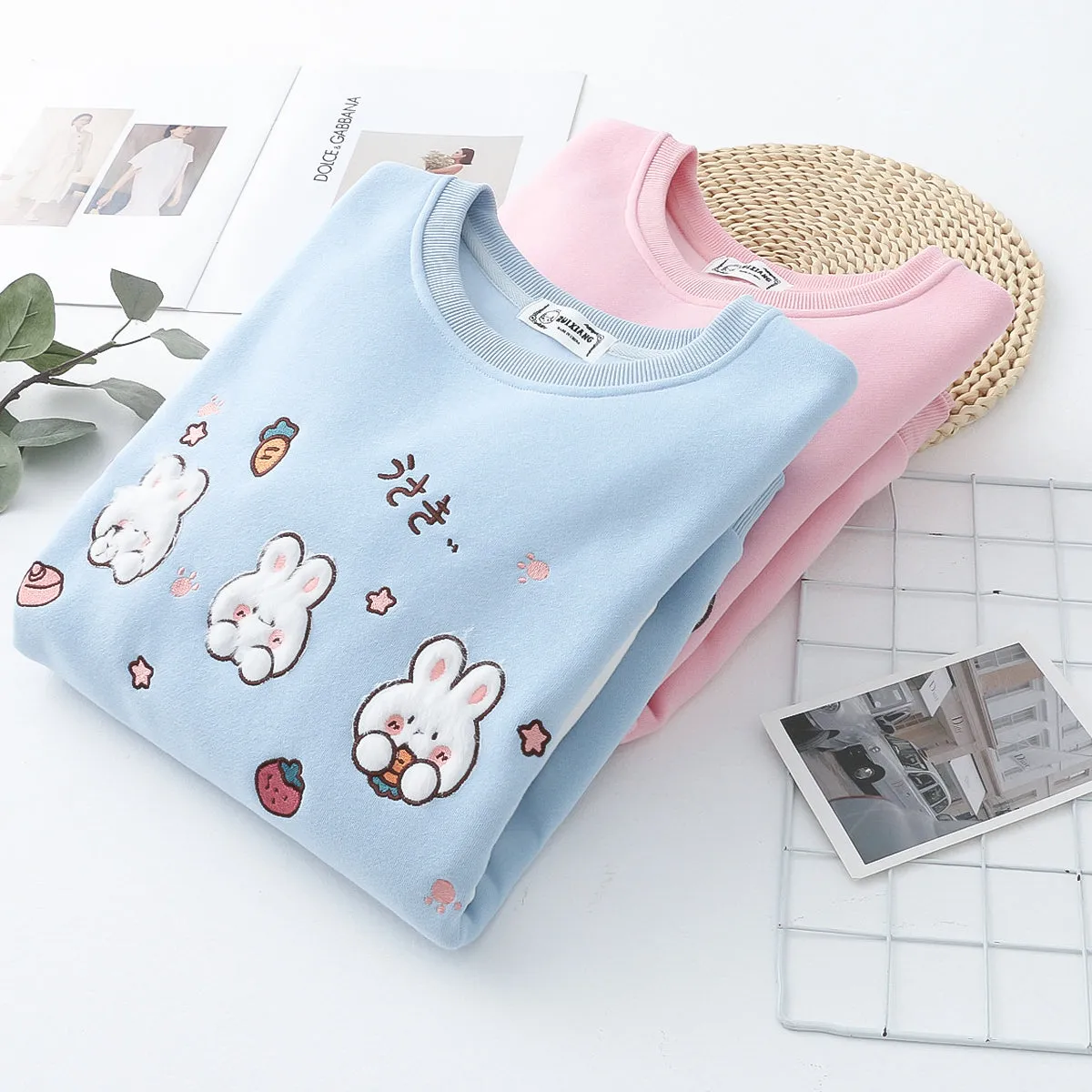 Cartoon Rabbit Round Neck Thick Hoodie