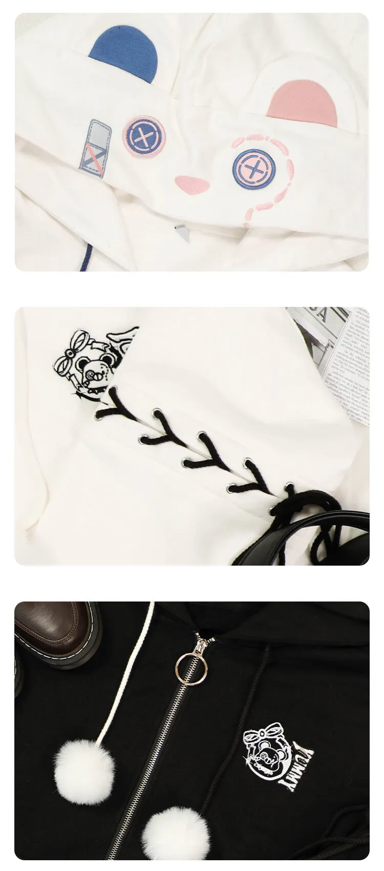 Harajuku Bear Hoodie Zipper Long Sleeve Couple Coat