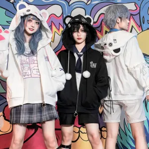 Harajuku Bear Hoodie Zipper Long Sleeve Couple Coat