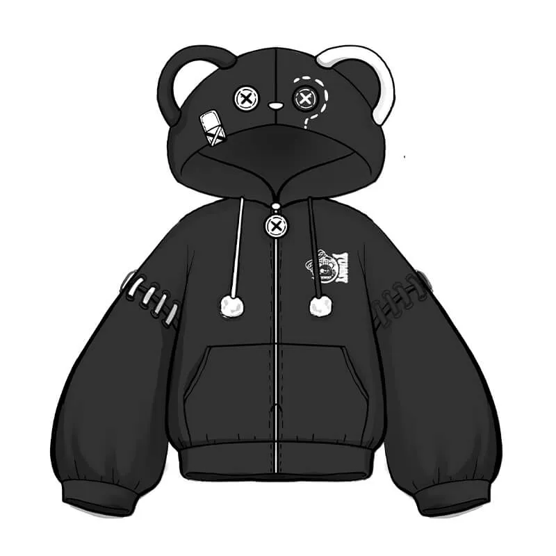 Harajuku Bear Hoodie Zipper Long Sleeve Couple Coat